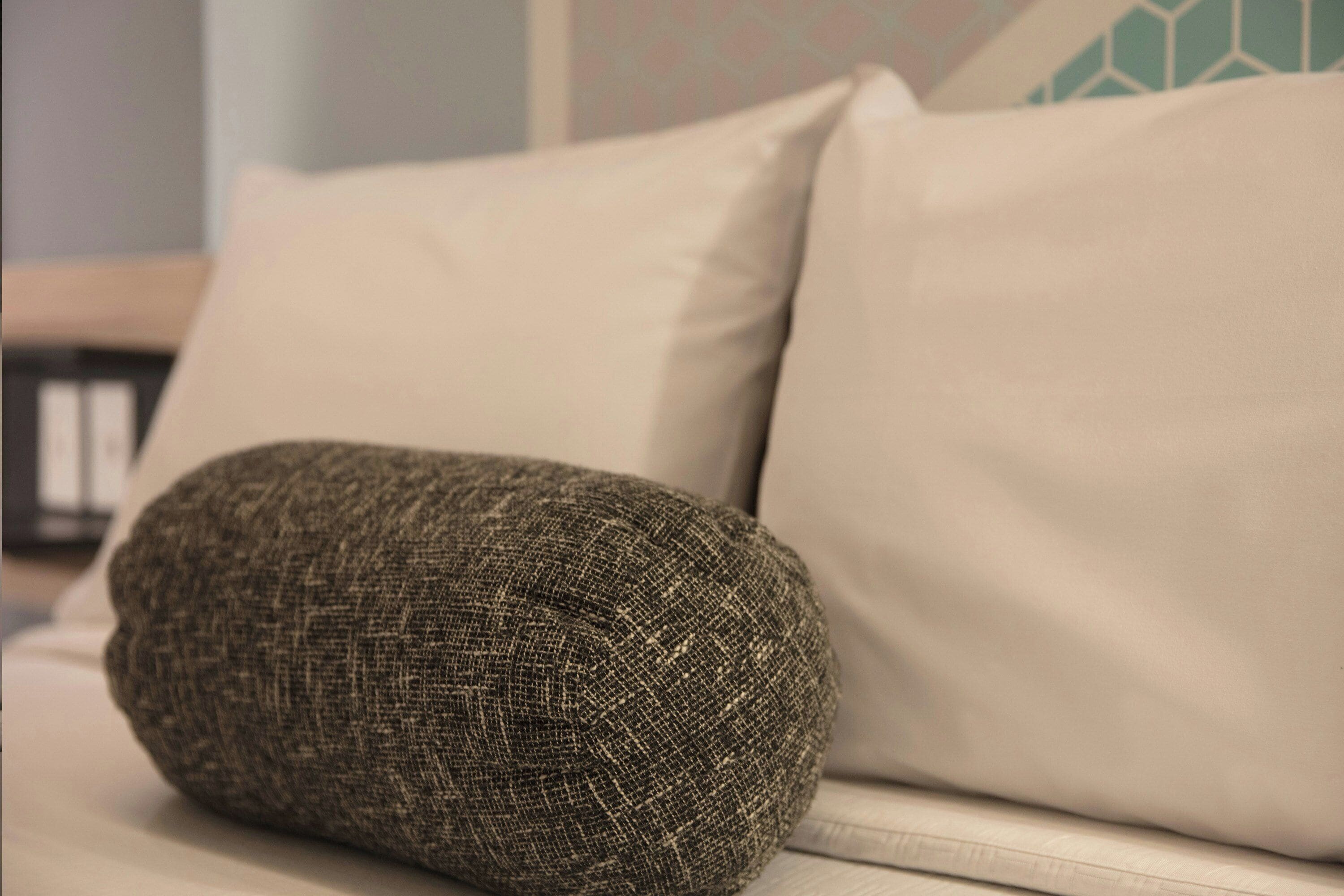 A sofa with a textured pillow and a plain pillow.