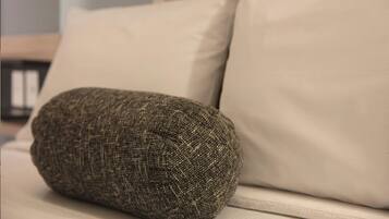 A sofa with a textured pillow and a plain pillow.