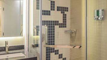 Shower, eco-friendly toiletries, hair dryer, towels