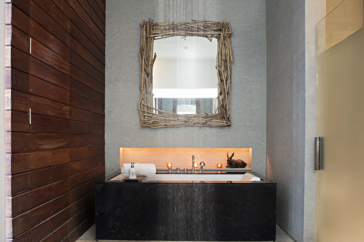 Separate bathtub and shower, deep-soaking bathtub, rainfall showerhead