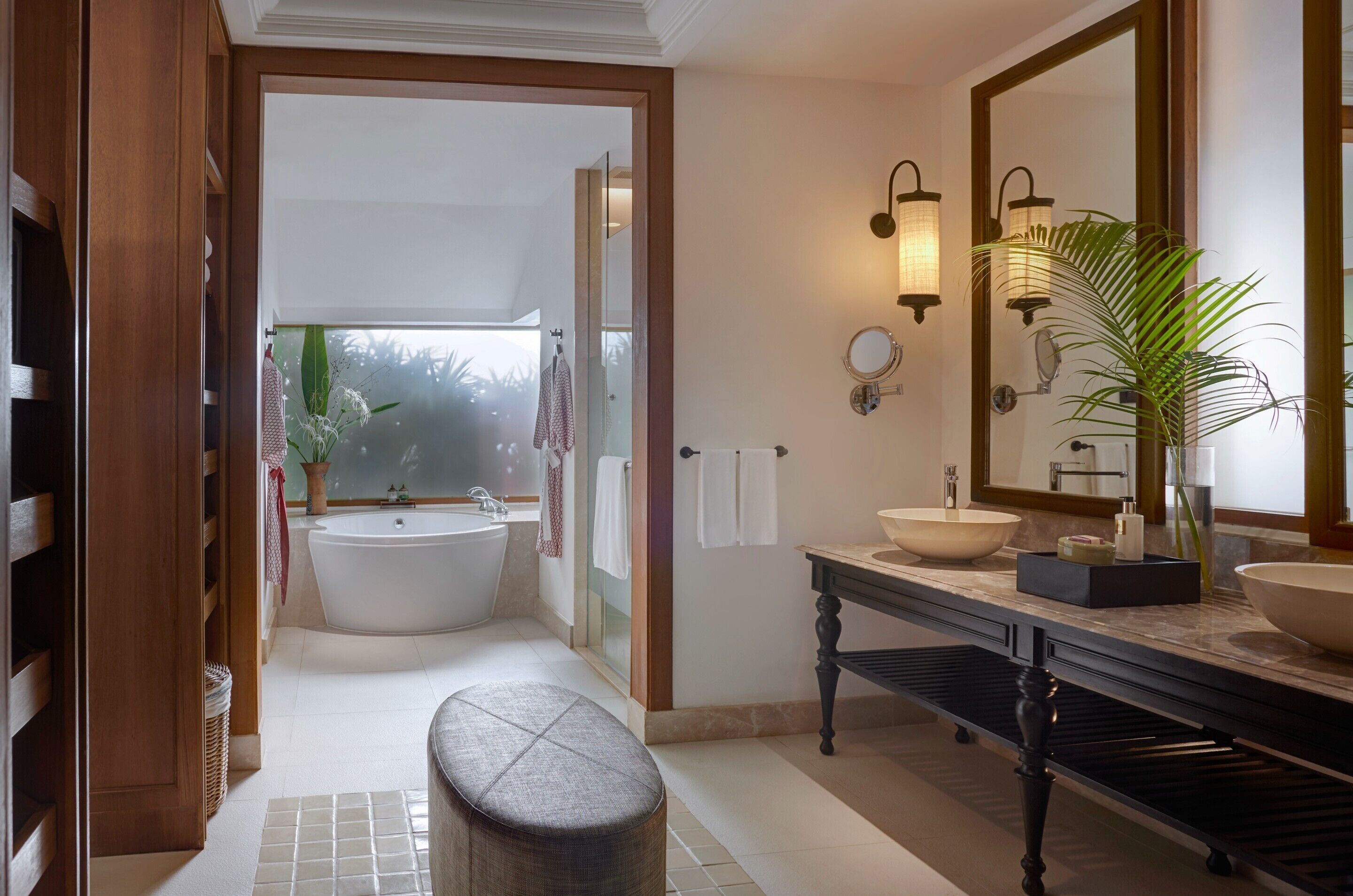 designer toiletries, hair dryer, bathrobes, slippers