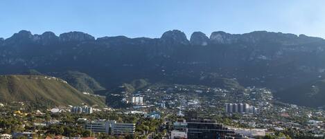 A cityscape with a mountain range in the background, featuring a mix of residential and commercial buildings.