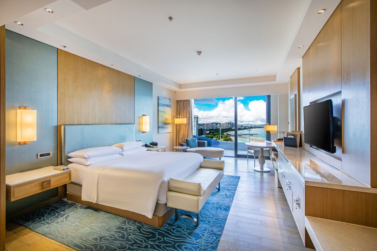 Una habitación de hotel moderna con una cama grande, televisión, escritorio y vistas a la ciudad.
