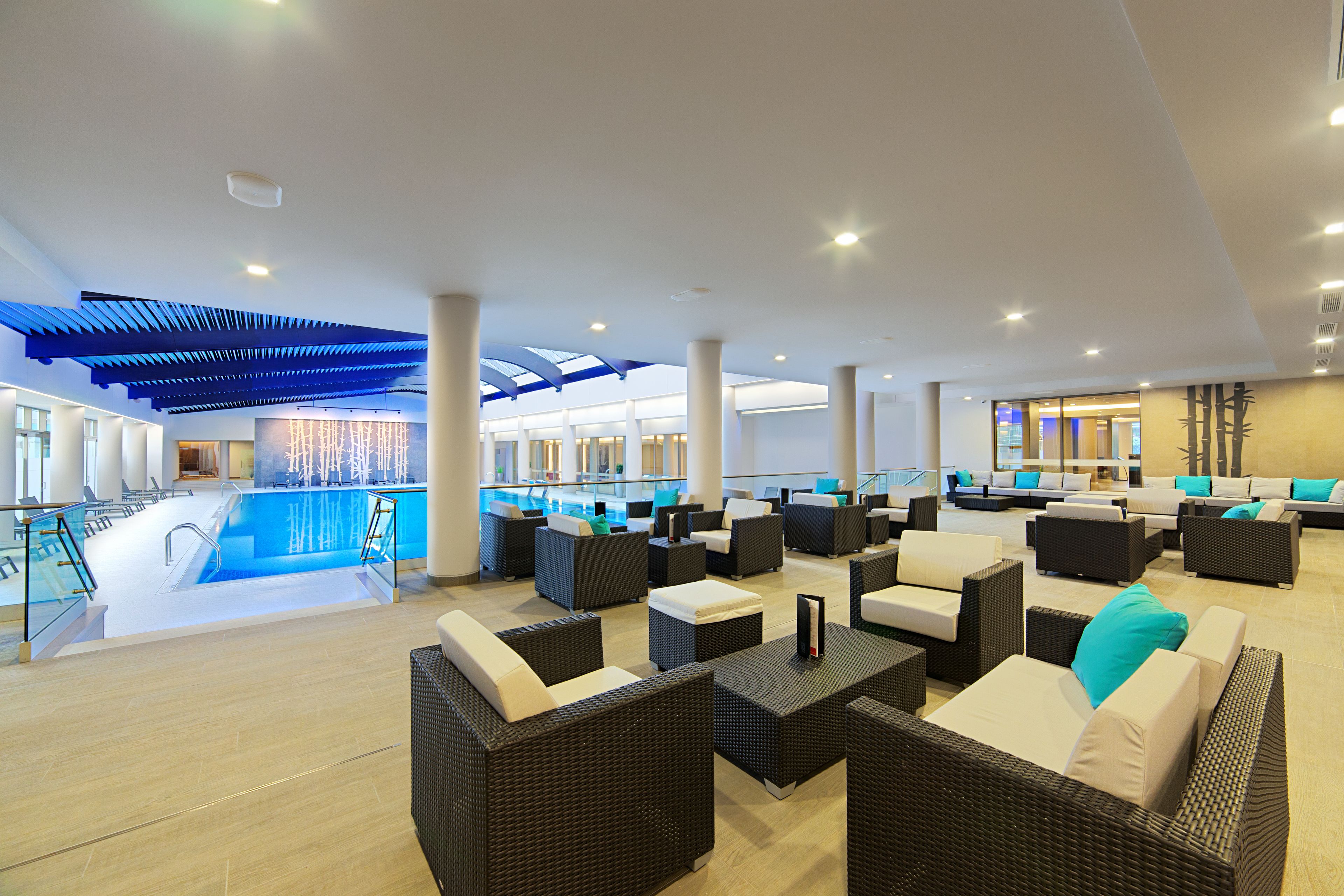 indoor pool, seasonal outdoor pool, pool loungers