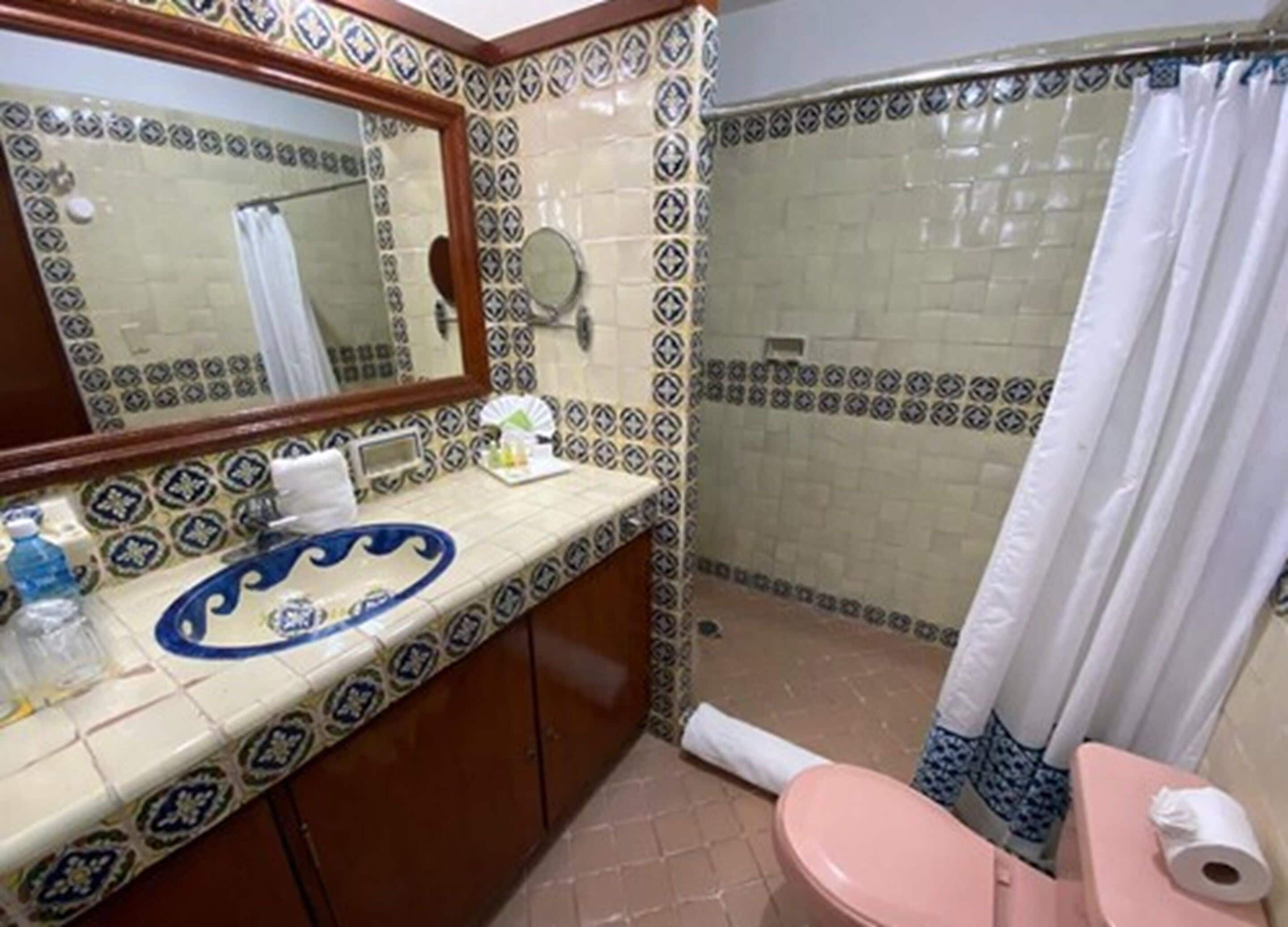 Un bagno con lavandino, specchio, servizi igienici e doccia.
