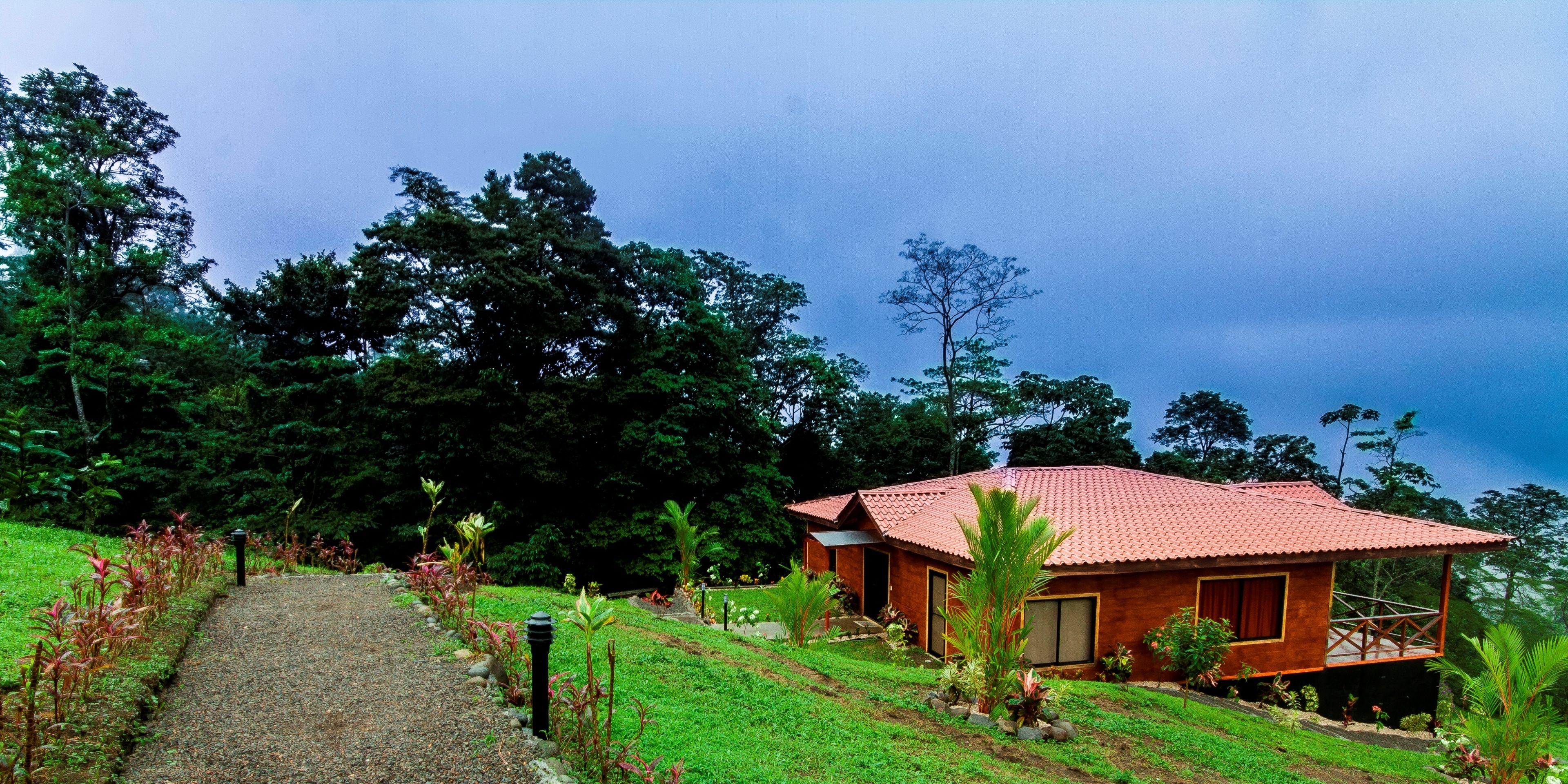 A rustic house with a red-tiled roof, surrounded by lush greenery and a gravel path leading to the entrance.