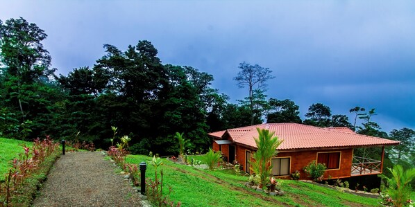 A rustic house with a red-tiled roof, surrounded by lush greenery and a gravel path leading to the entrance.
