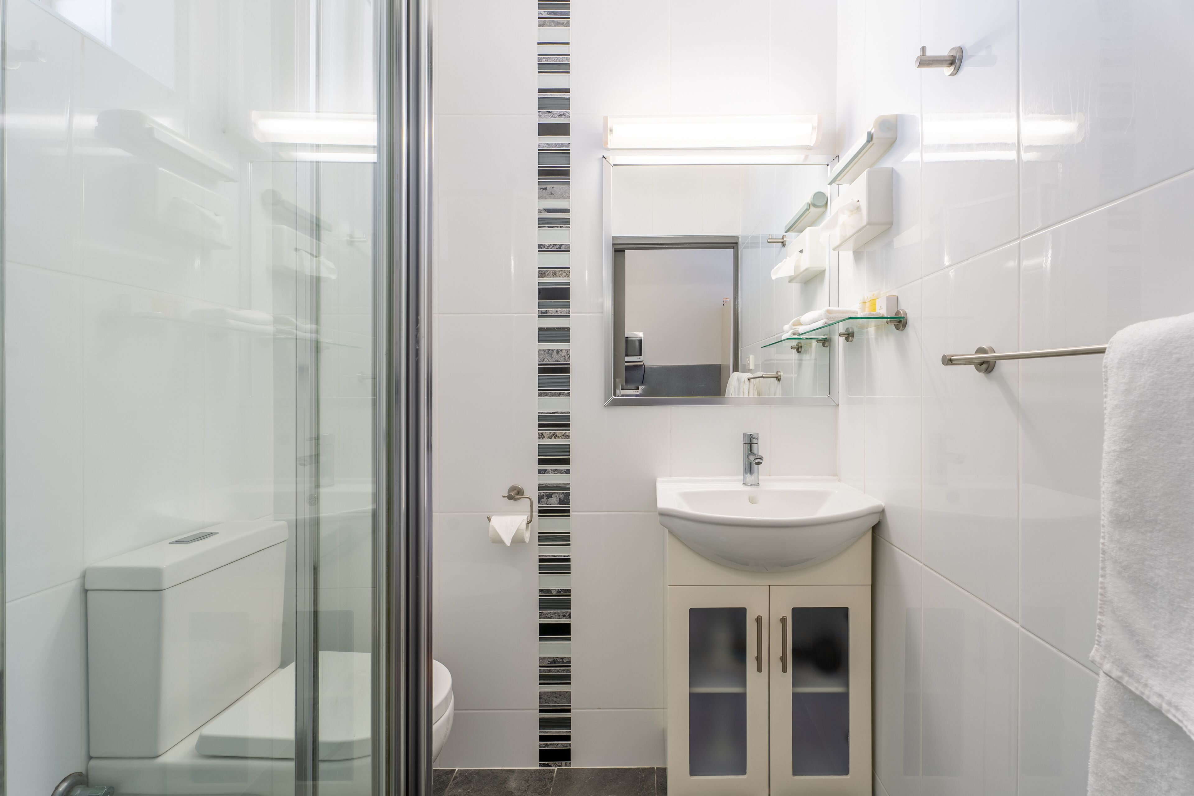 A modern bathroom with a glass shower enclosure, a white sink, and a mirror above it.