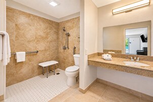 A modern bathroom with a shower, toilet, and vanity.