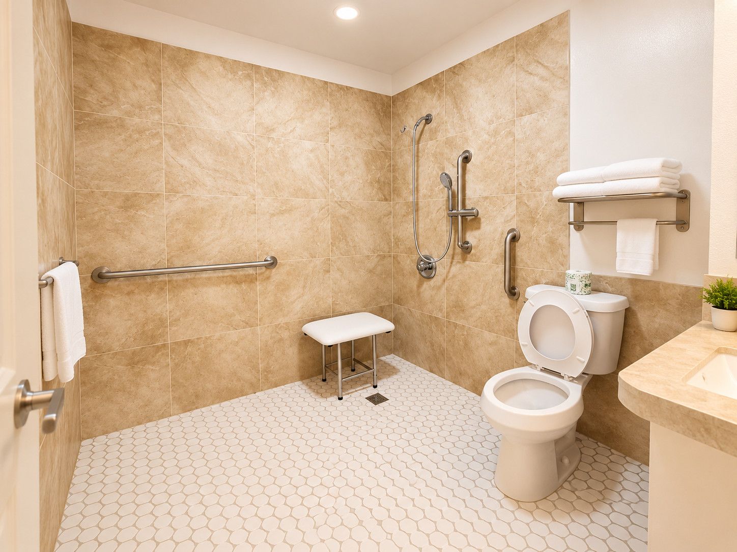 Un baño con inodoro blanco, ducha con barras de apoyo y un pequeño banco blanco.