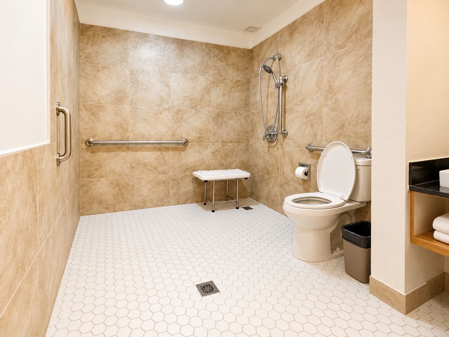 Un bagno con il WC, una doccia e una barra di sostegno.