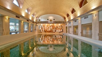 Indoor pool, outdoor pool, pool umbrellas, sun loungers