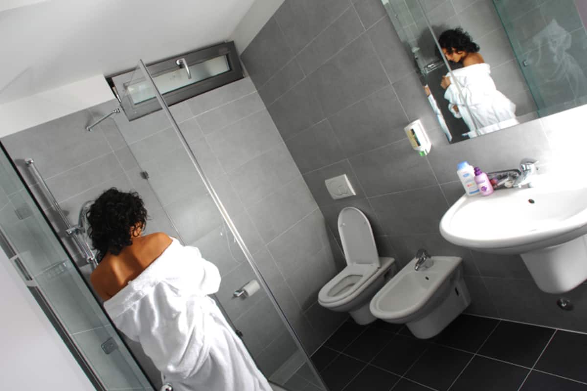 shower, hair dryer, bidet, towels