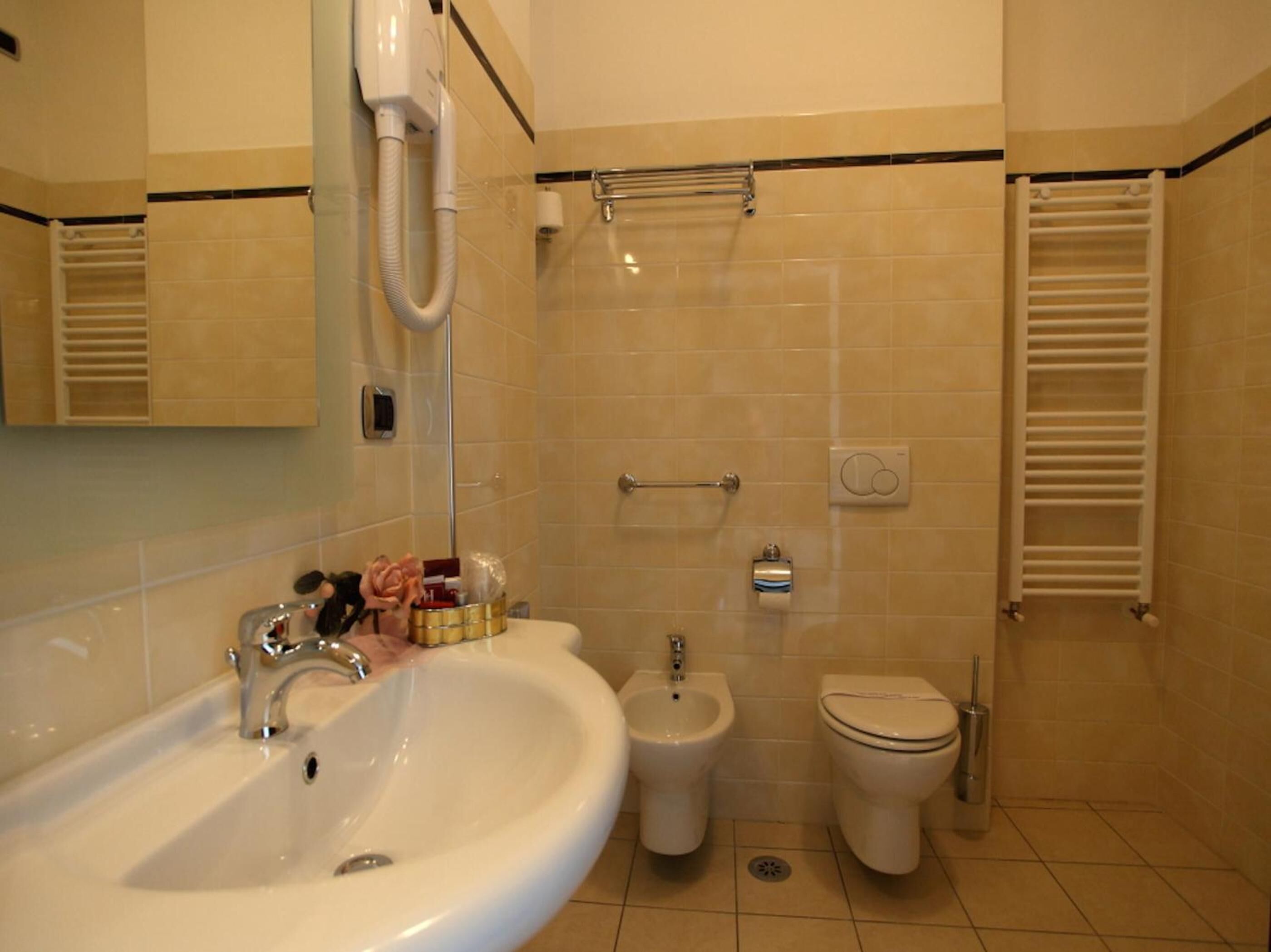 free toiletries, hair dryer, bidet, towels