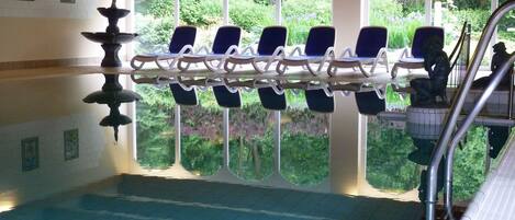 An indoor swimming pool with a clear view of the surrounding garden through arched windows.