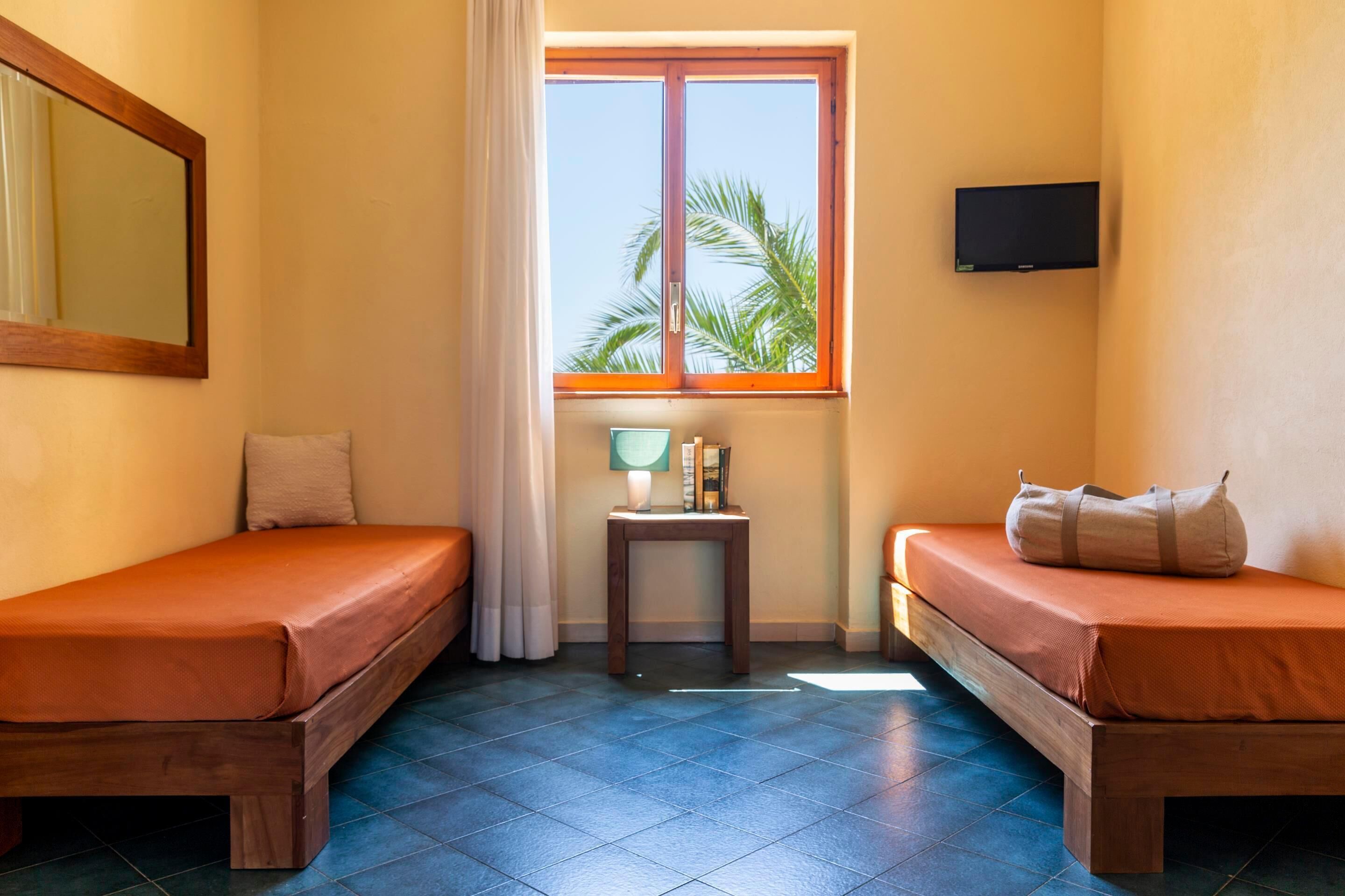 Une petite chambre avec deux lits simples, une petite table avec une lampe, un téléviseur fixé au mur et une fenêtre donnant sur des palmiers.