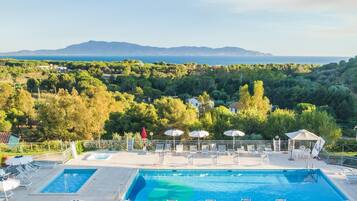 Outdoor pool, pool umbrellas, pool loungers