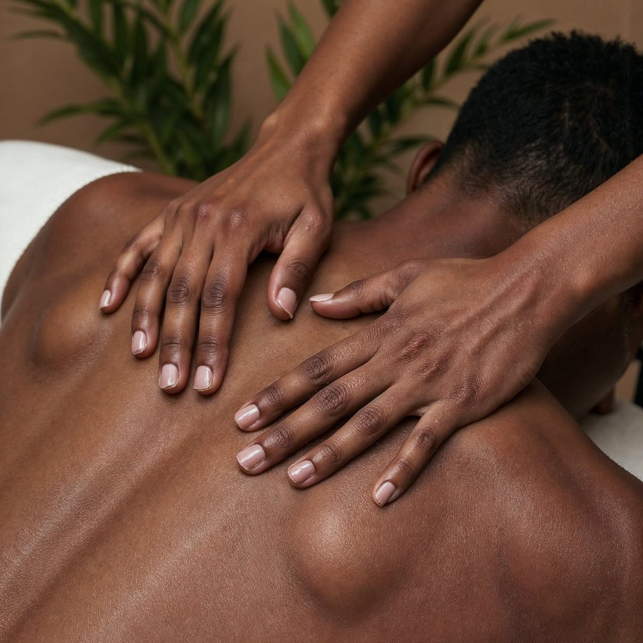 A person receiving a back massage.
