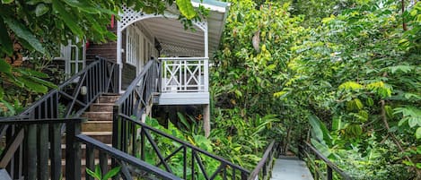 A wooden staircase leading to a covered area with a white lattice railing, surrounded by lush greenery.