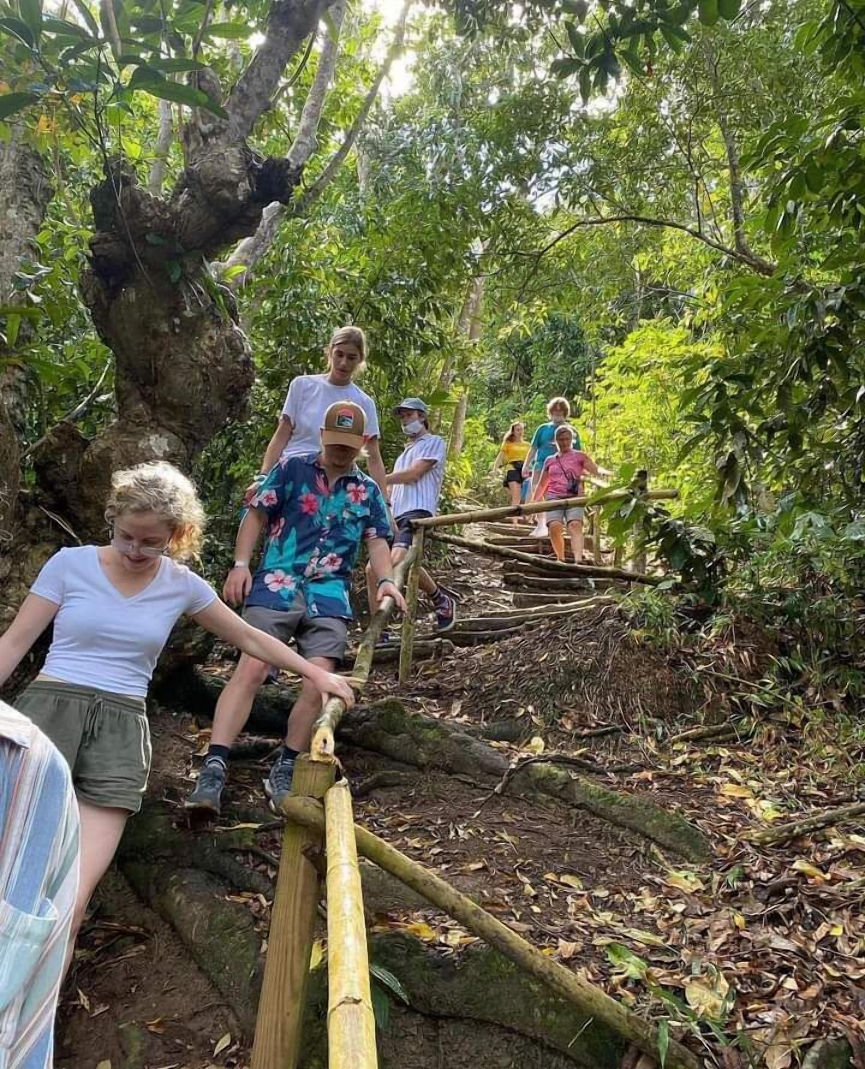 Un grupo de personas caminando sobre un puente de madera en un área boscosa.