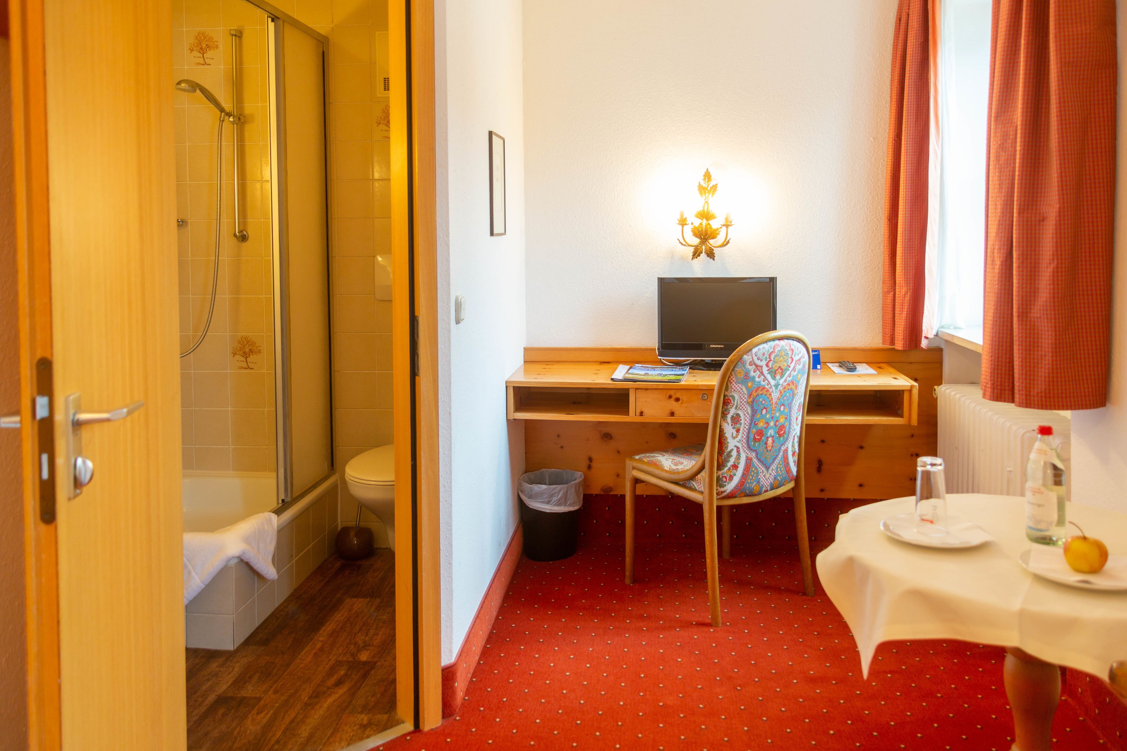 A hotel room with a shower, a desk with a chair, a small table with a bottle and an apple, and a radiator.