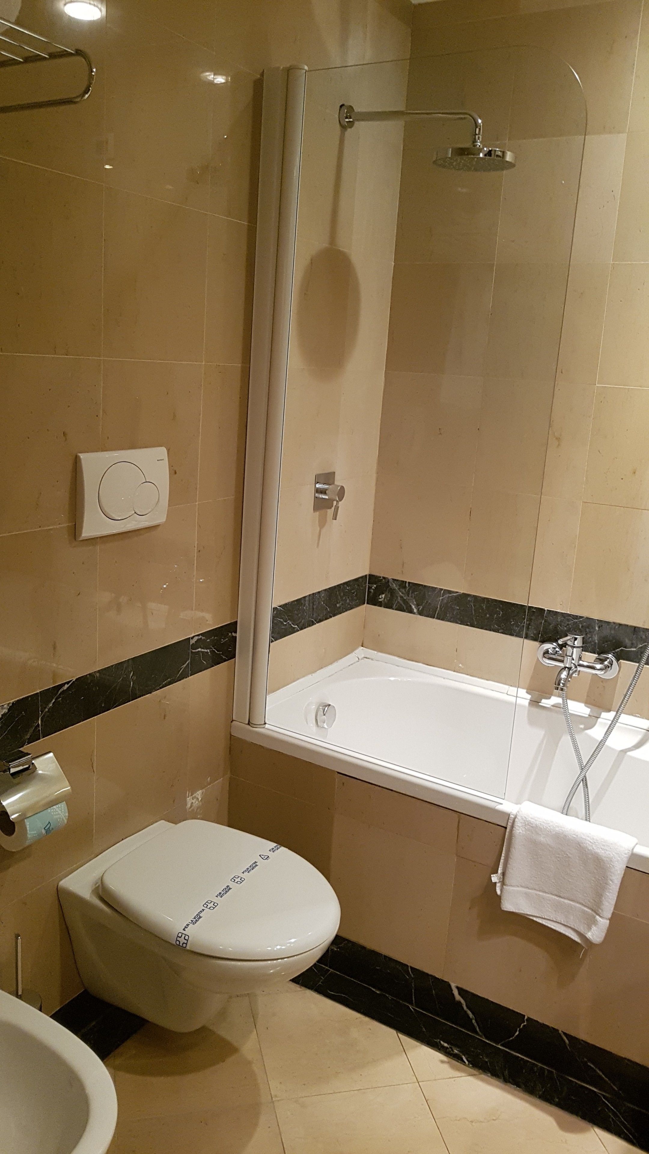 A bathroom with a toilet, a shower, and a sink.