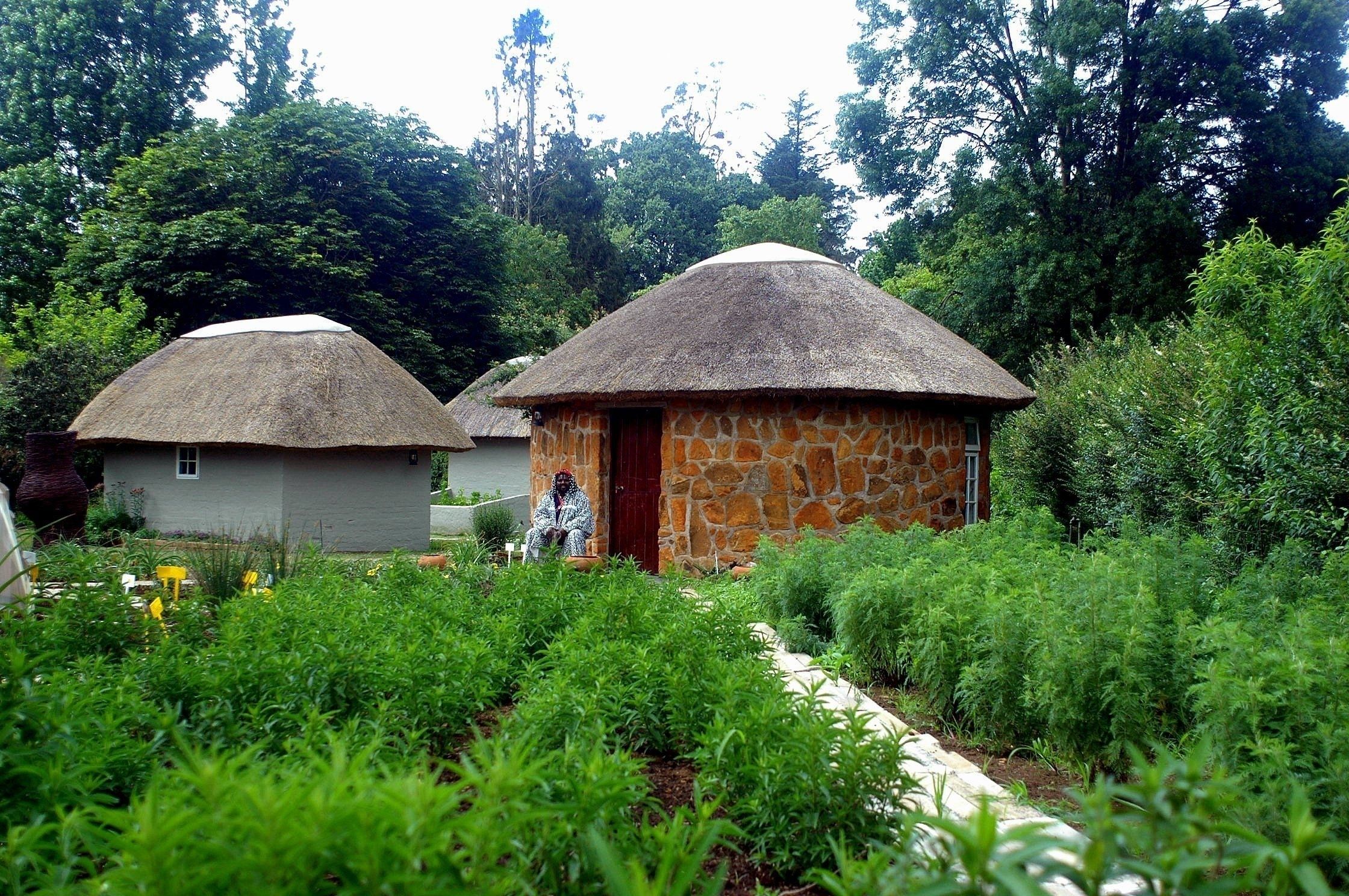 Two thatched-roof huts with stone walls, surrounded by lush greenery and a pathway.