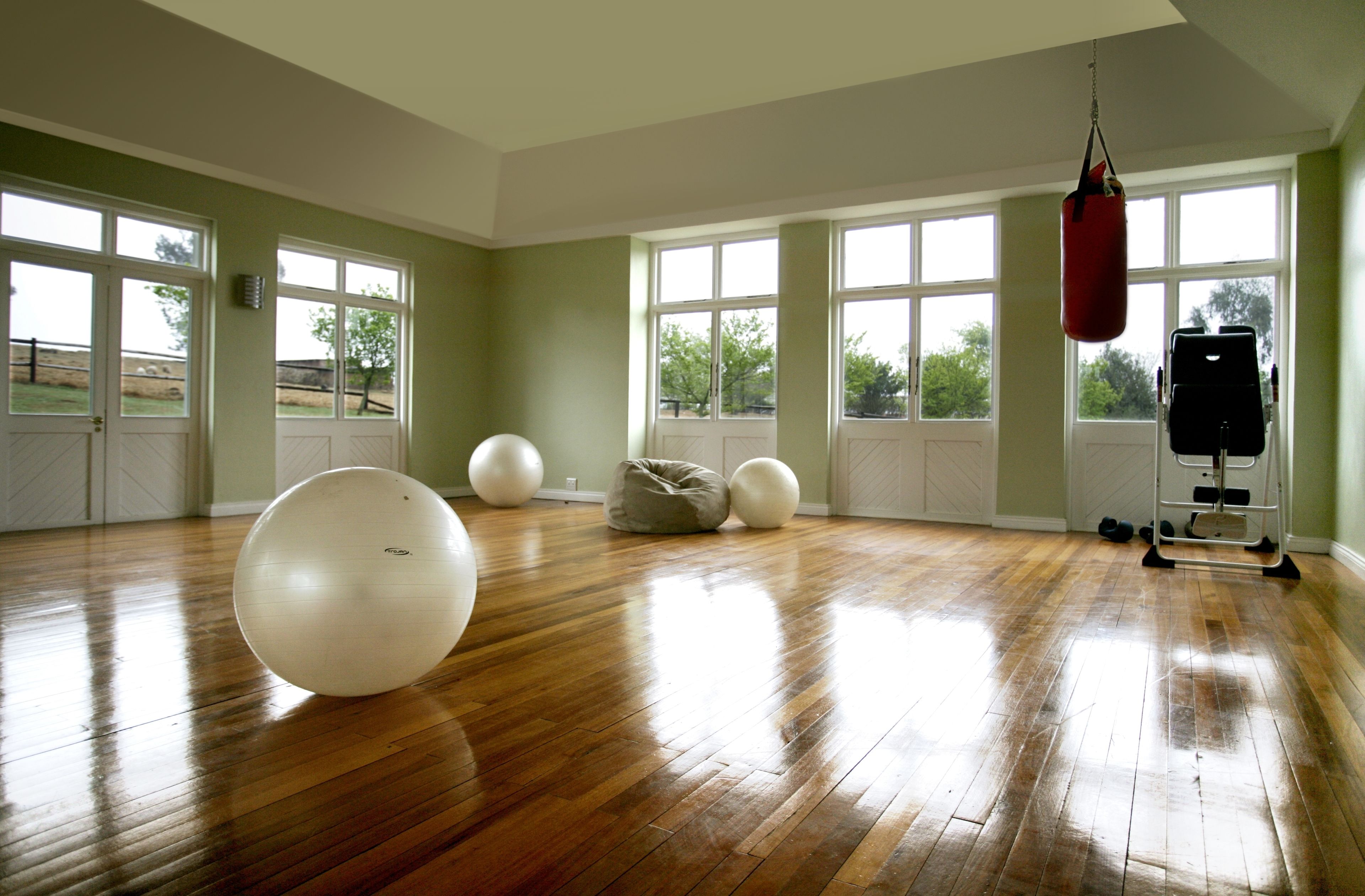 A spacious room with wooden flooring, large windows, and exercise equipment including a punching bag and exercise balls.