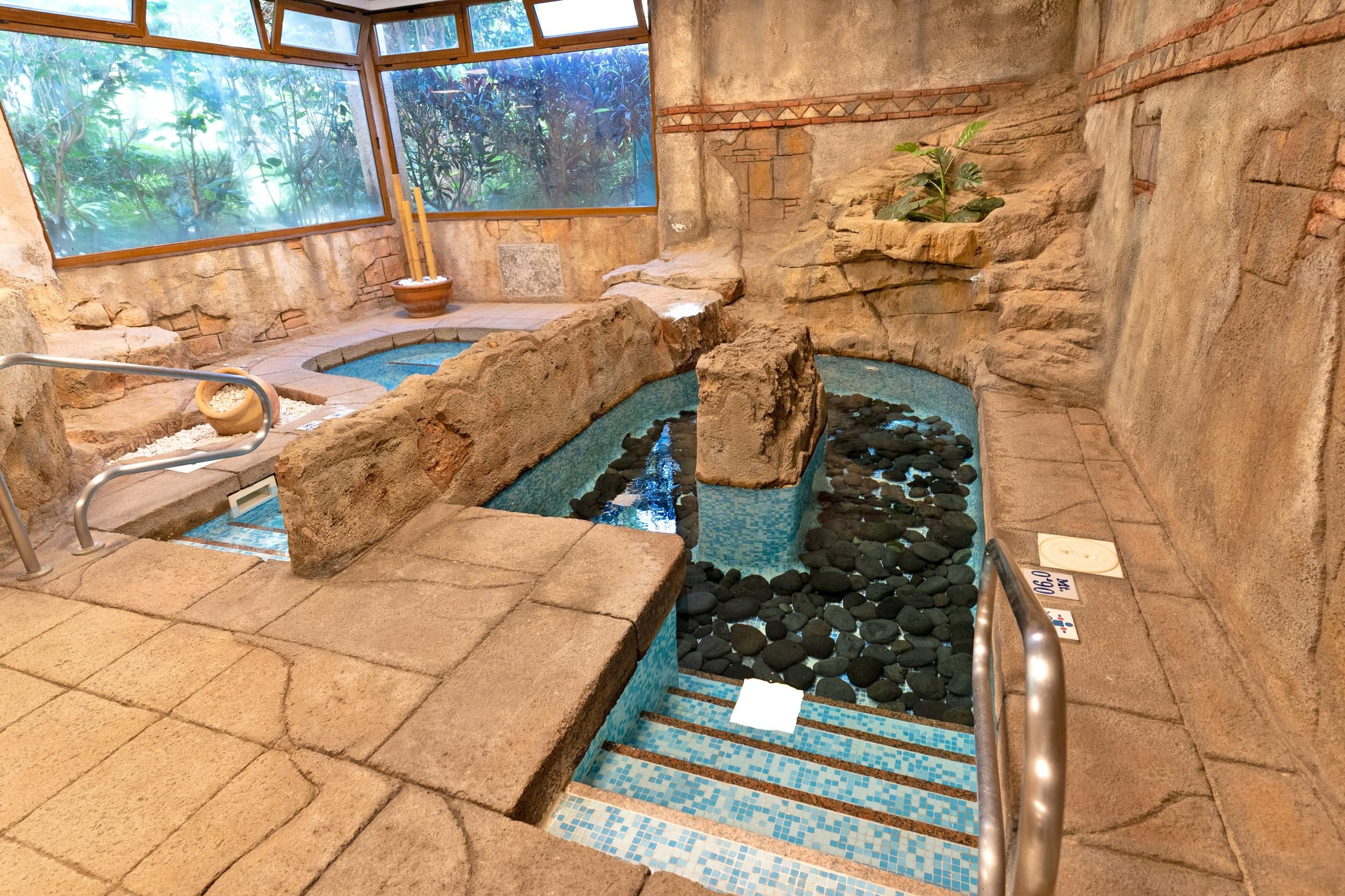 Una piscina interior con diseño rocoso, agua cristalina y una terraza de madera.