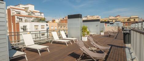 Terraza en la azotea con tumbonas y una planta en maceta.