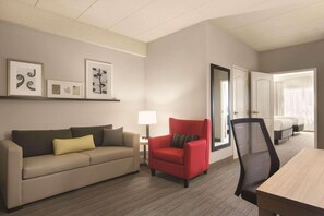 Desk, laptop workspace, blackout drapes, iron/ironing board