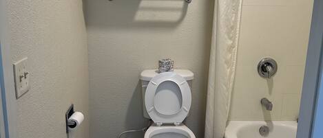 A small bathroom with a toilet, a towel rack, and a shower.