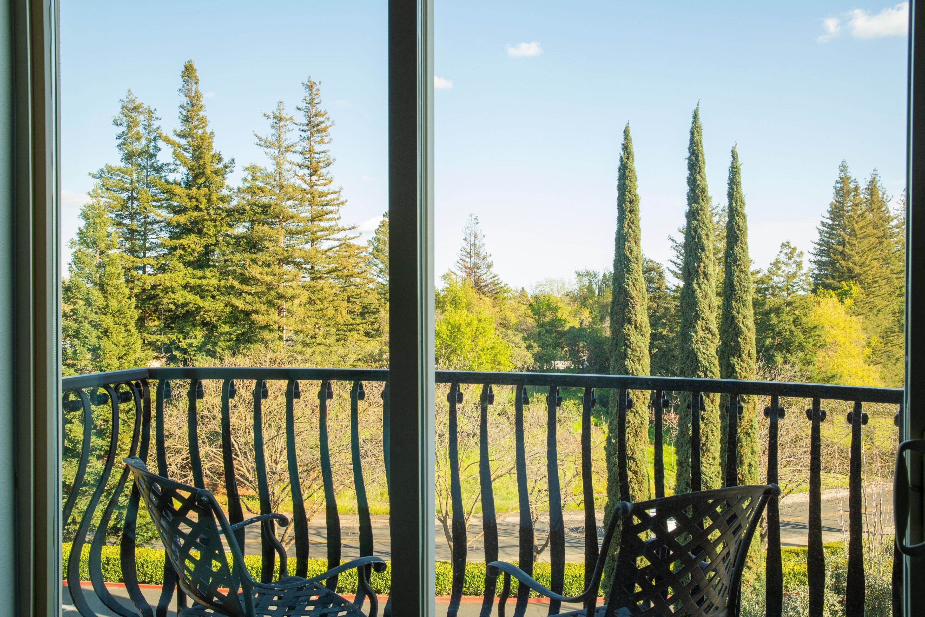 A balcony with two chairs and a view of tall trees and a road.