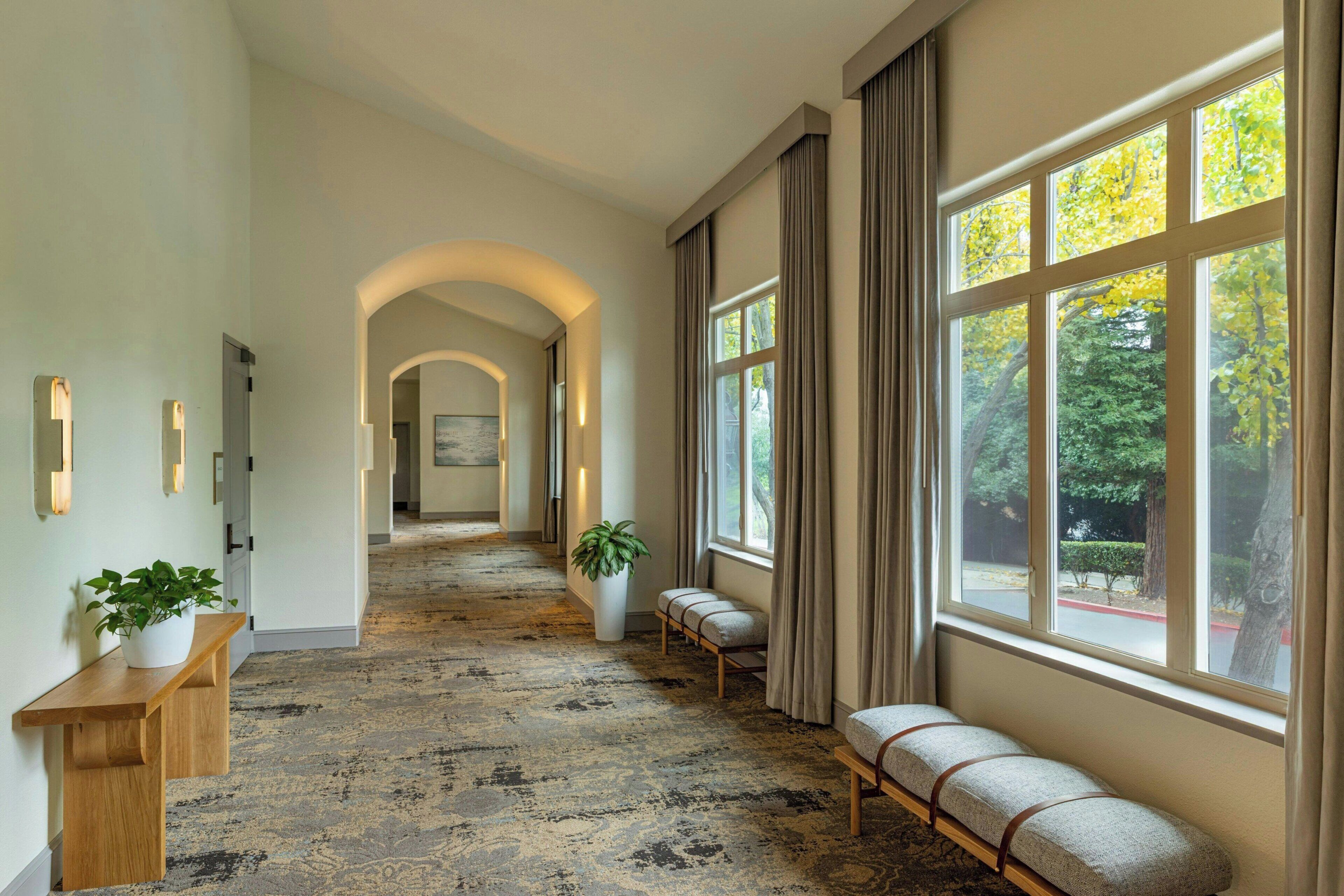 A hallway with a bench, a potted plant, and a view of trees through large windows.