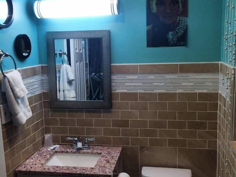 Bañera con ducha, secador de pelo, toallas