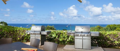 Ein Essbereich im Freien mit zwei Grillgruben, einem Tisch mit Besteck und Blick auf den Ozean.