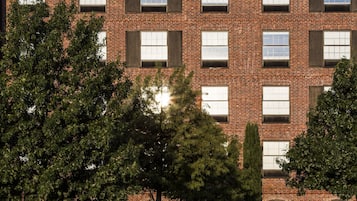 Un edificio de ladrillo de varios pisos con ventanas amplias y un árbol en primer plano.