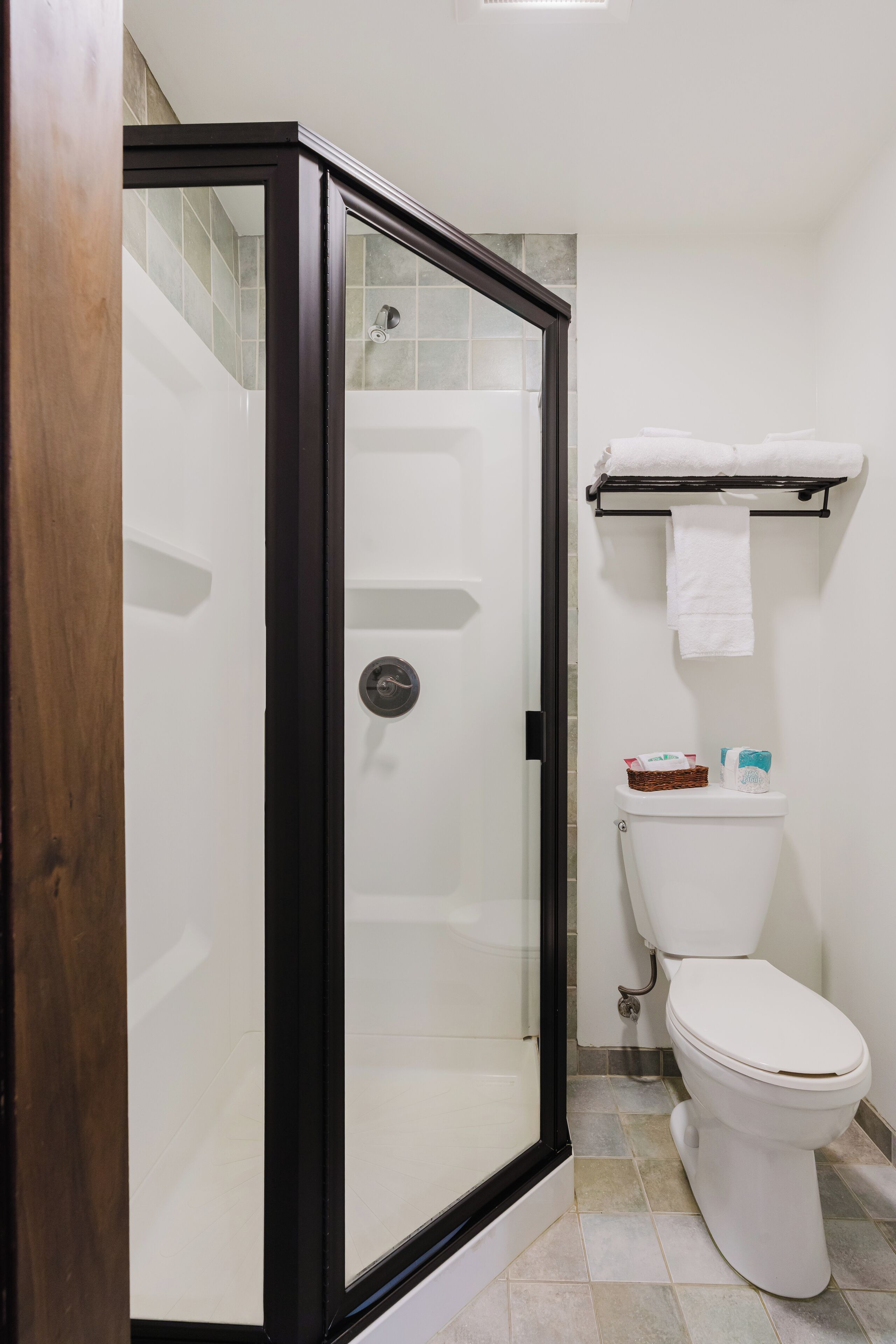 A bathroom with a glass-enclosed shower, a white toilet, and a tiled floor.