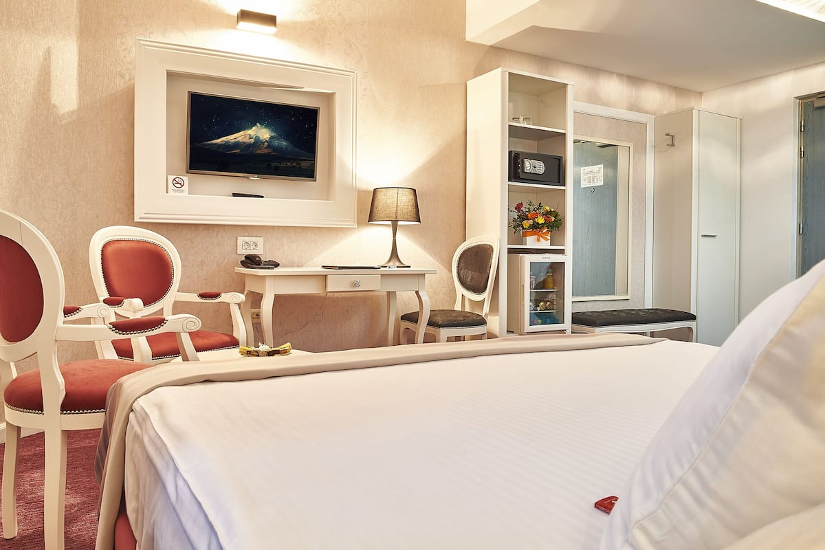 A hotel room with a bed, a desk with a lamp, a chair, a TV mounted on the wall, and a wardrobe.
