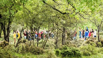 A group of people hiking in a forested area.