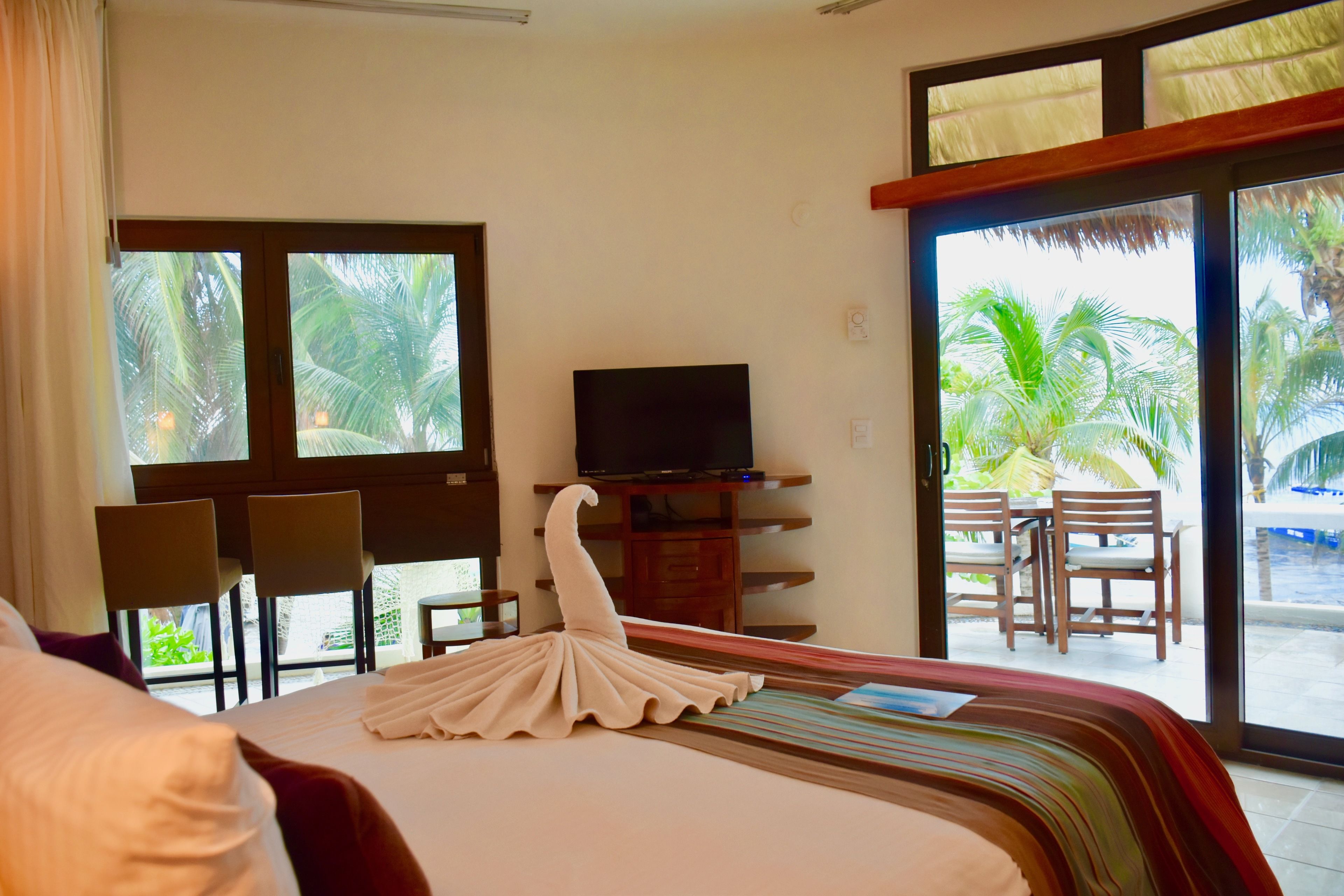 A hotel room with a bed, a television, a dining area with chairs, and a view of palm trees through the window.