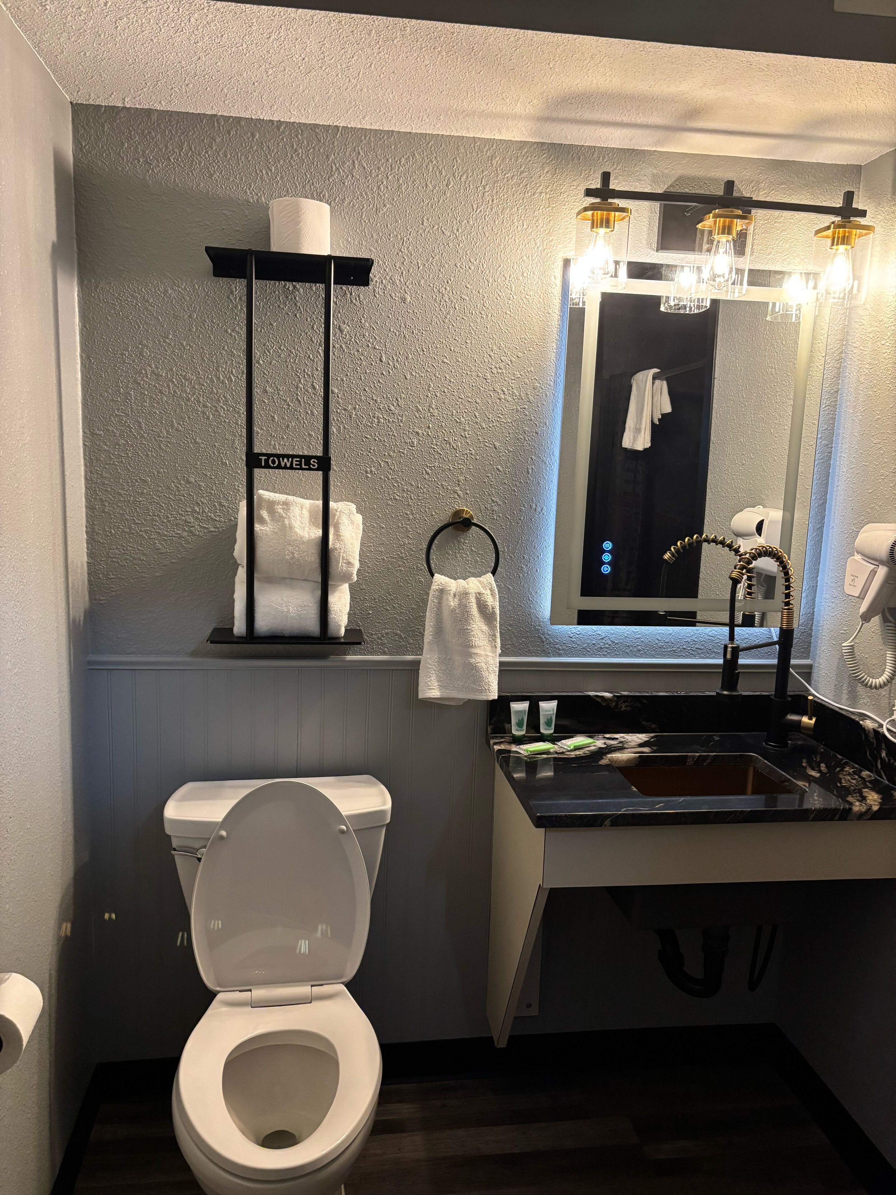 Bagno con servizi igienici, lavandino, porta asciugamani e specchio illuminato.
