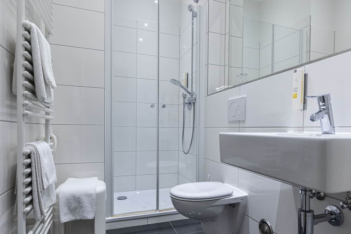 Hair dryer, towels, soap, shampoo