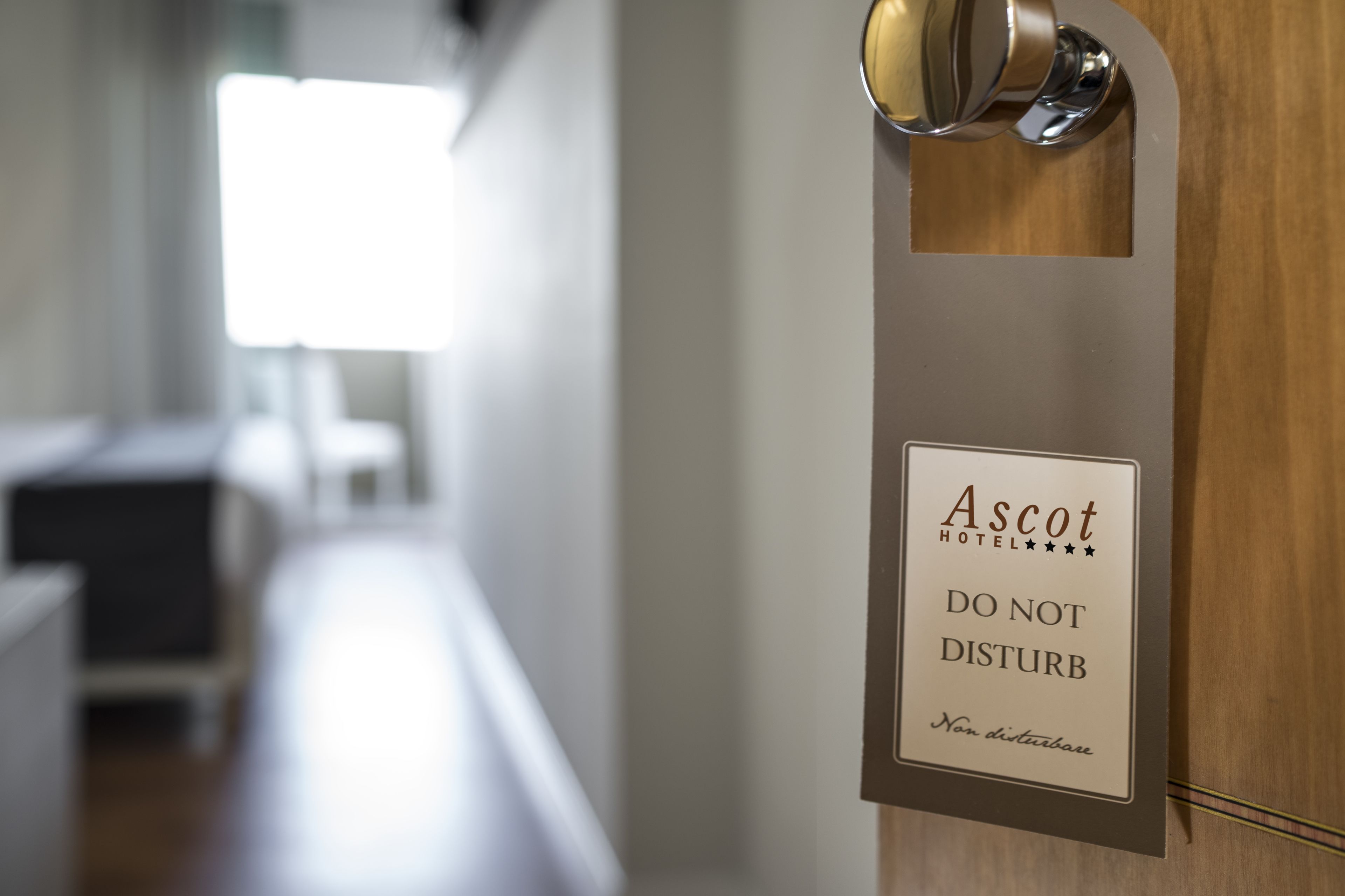 A hotel door with a sign that reads "Ascot Hotel" and "DO NOT DISTURB."