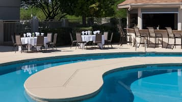 Outdoor pool, pool umbrellas, pool loungers