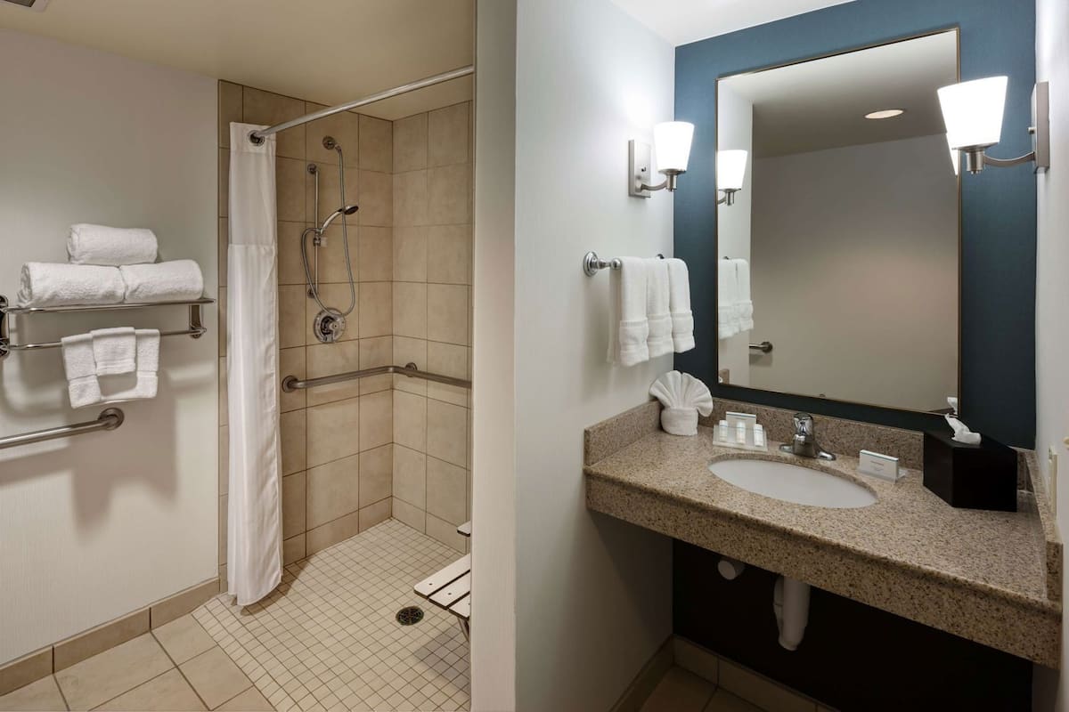 Baño | Regadera, amenidades de baño de diseñador, secadora de cabello, toallas