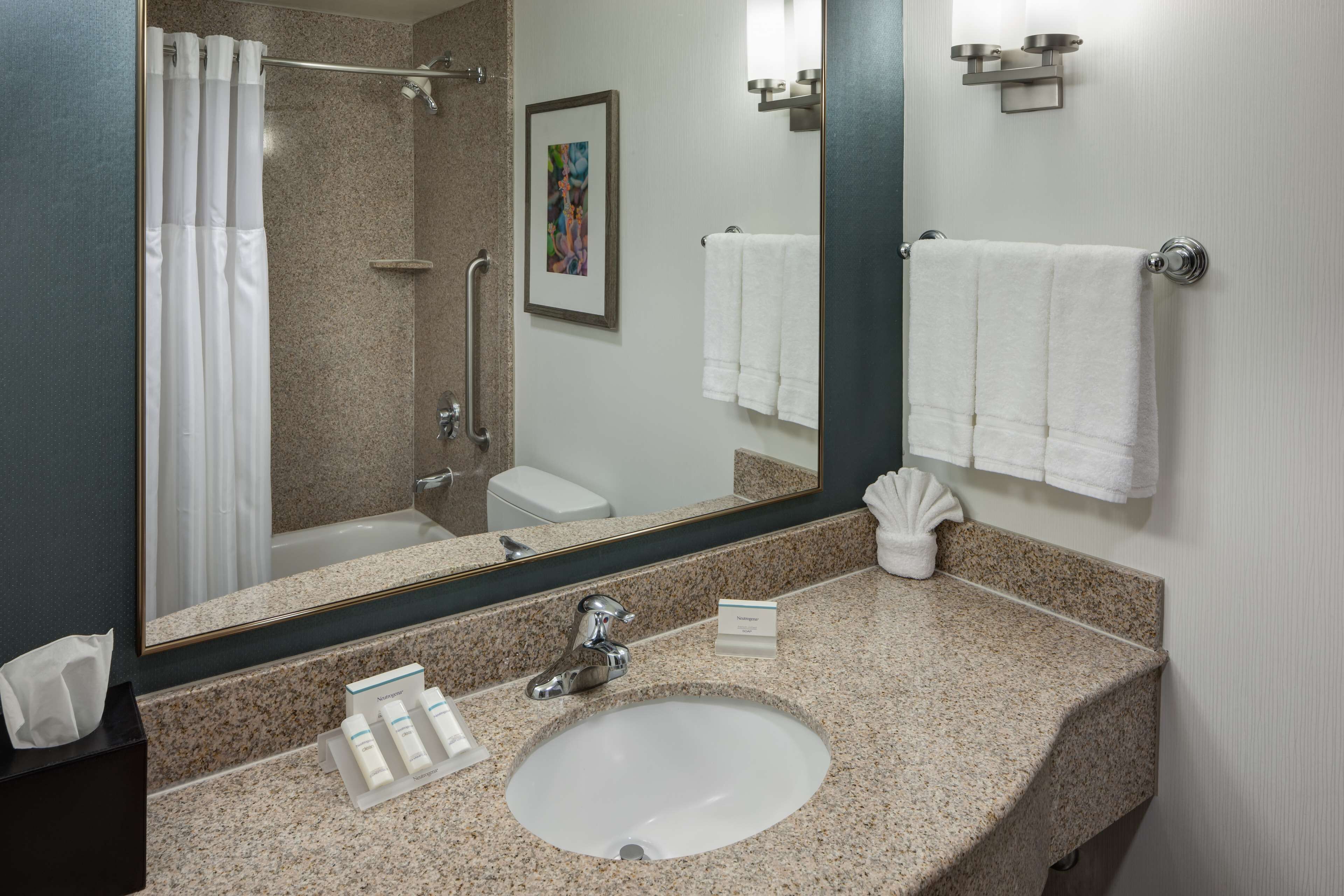 shower, designer toiletries, hair dryer, towels