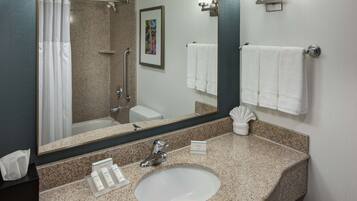 Une salle de bain avec un lavabo doté d’un plan de travail en granit, un grand miroir, un rideau de douche, un porte-serviettes et un tableau encadré au mur.