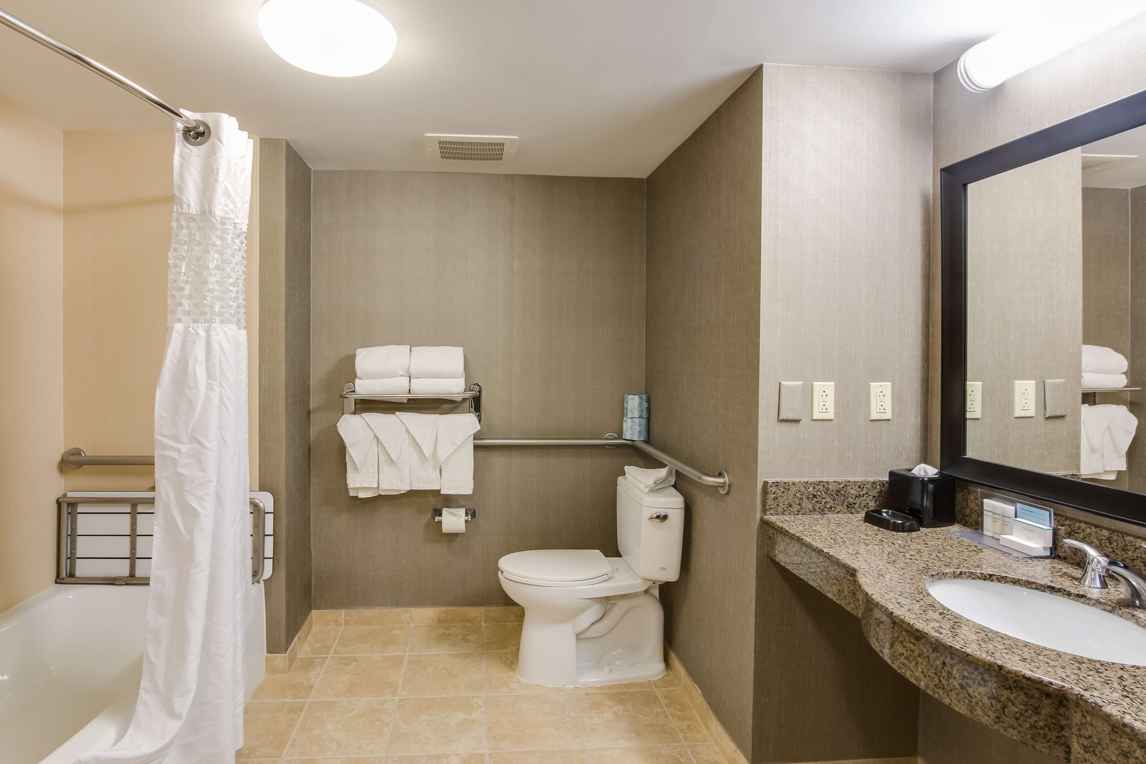 A modern bathroom with a shower, toilet, and sink.