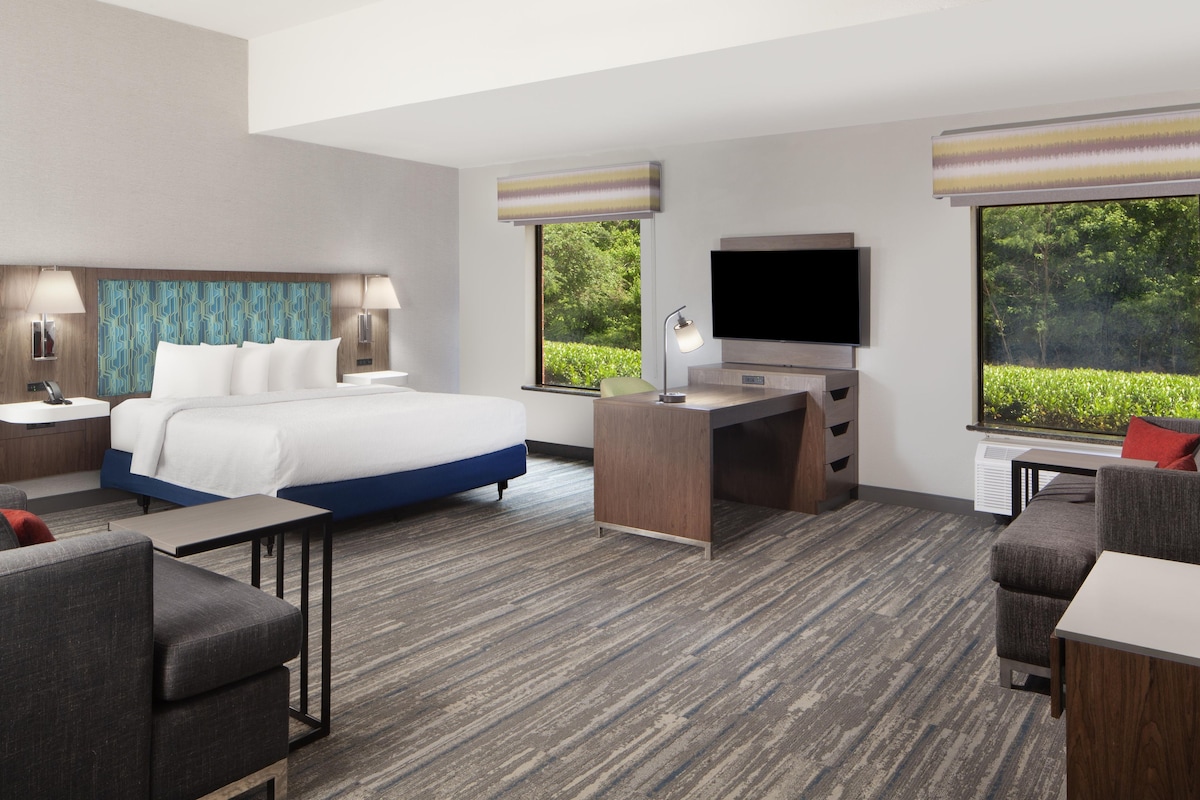 A hotel room with a bed, desk, TV, and seating area.